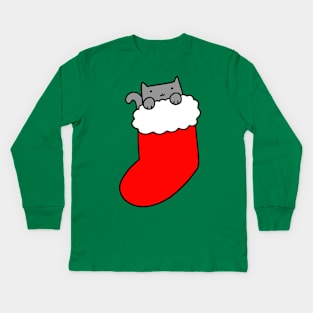 Gray Cat in Christmas Stocking Kids Long Sleeve T-Shirt